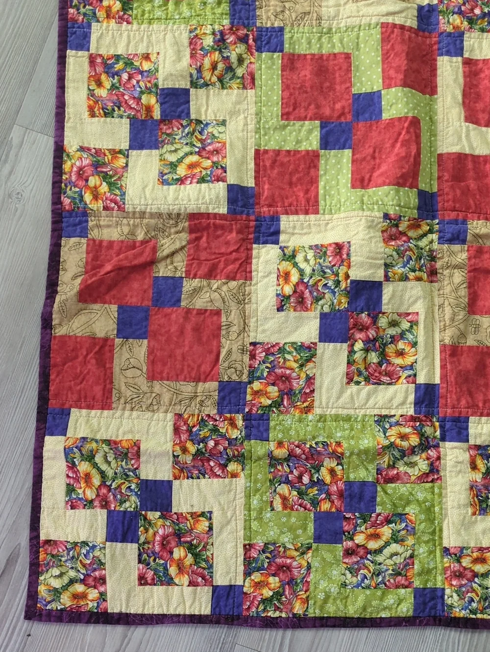 Handmade Floral Patchwork Quilt Wall Hanging Signed by Grandma Colorful Folk Art